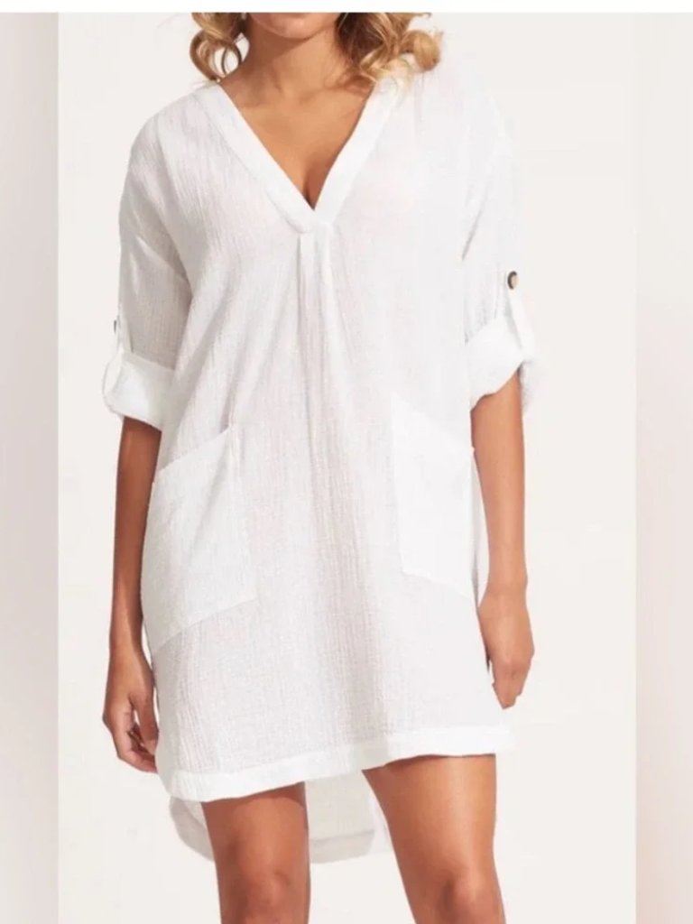 Crinkle Twill Beach Cover-Up Dress White Gauze